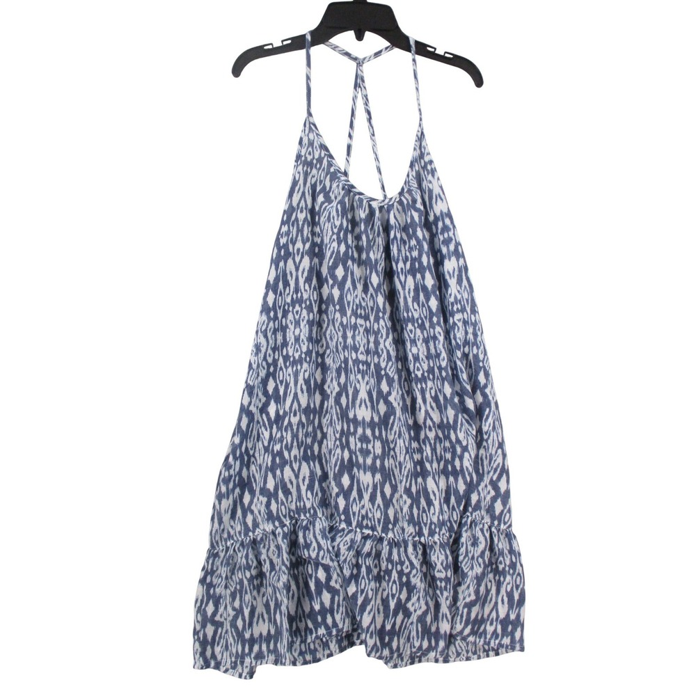 Portacruz Blue White Ikat Print Halter Mini Dress Strappy T-Back Ruffle‎ Hem M